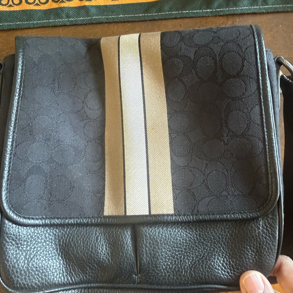 Coach Black Canvas Messenger Bag with Tan Stripe